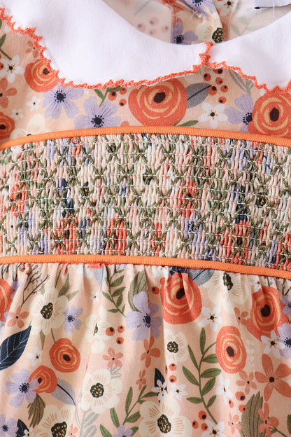 Coral floral smocked bubble