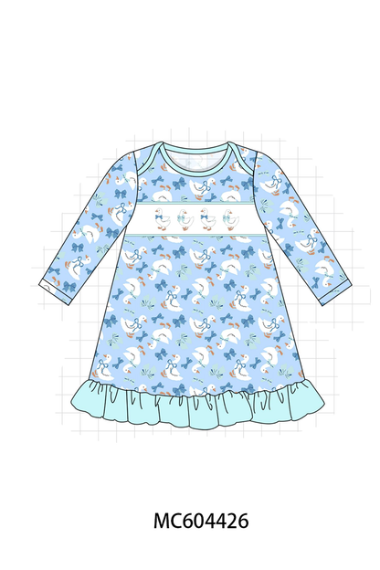 Blue goose bow embroidery ruffle dress