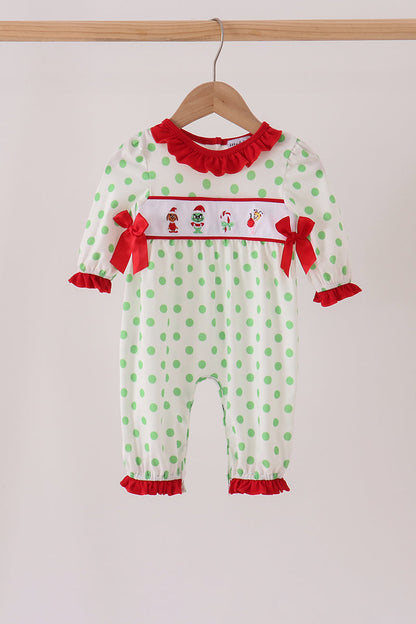 Green grinch embroidery ruffle dot romper