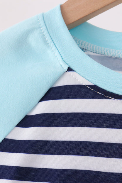 Blue train embroidery stripe top