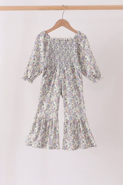 Blue floral smocked jumpsuit