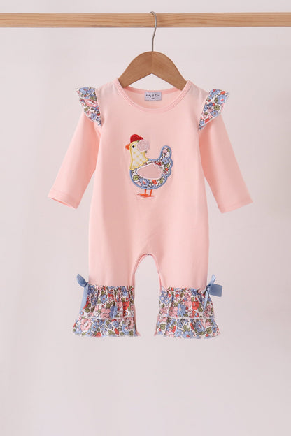 Pink Chicken Applique Ruffle Romper