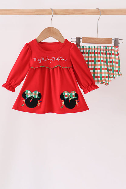 Red christmas character applique gingham bloomer set