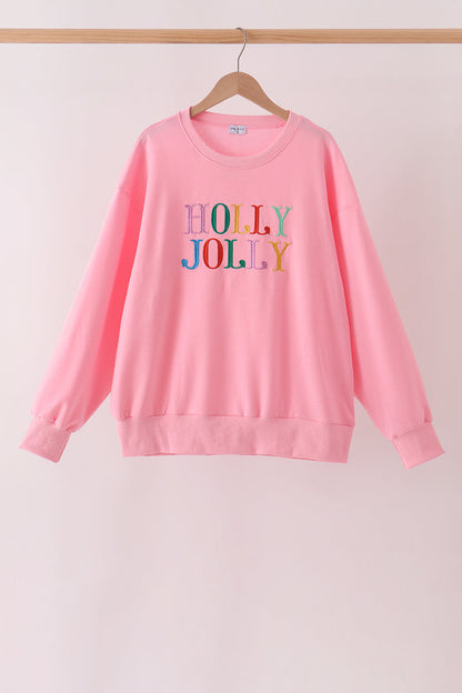 Pink Holly Jolly Embroidery Mom Top