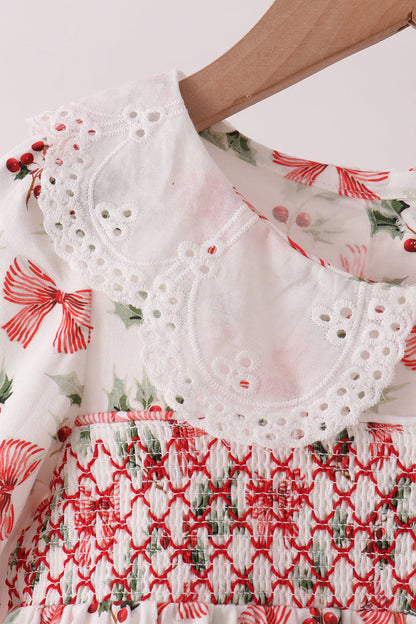 Red Holly Bow Smocked Lace Ruffle Pants Set