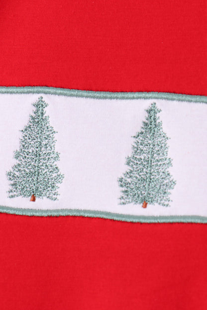 Red Christmas Tree Embroidery Stripe Pants Set