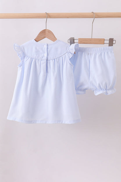 Blue duck embroidery stripe ruffle girl set