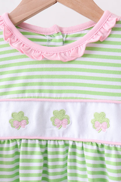 Green clover embroidery stripe bow bloomer set