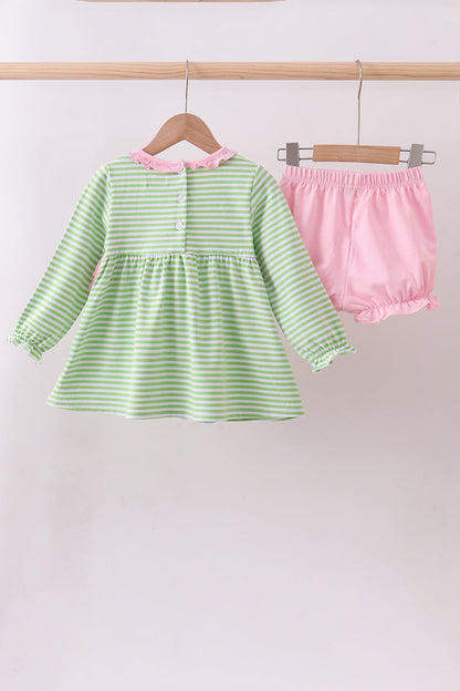 Green clover embroidery stripe bow bloomer set
