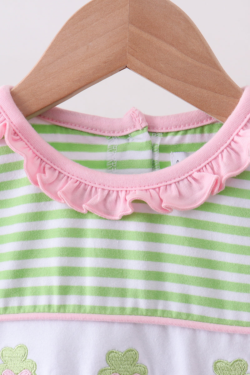 Green clover embroidery stripe bow pants set