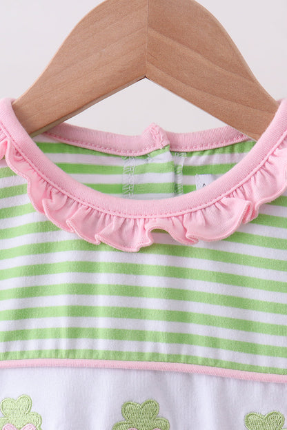 Green clover embroidery stripe bow pants set