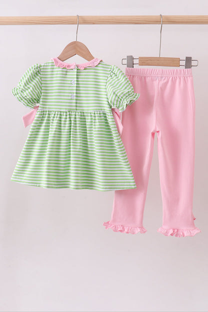 Green clover embroidery stripe bow pants set