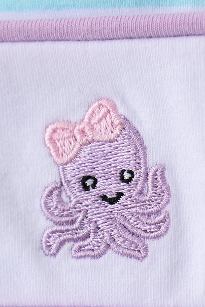 Blue octopus embroidery stripe ruffle dress