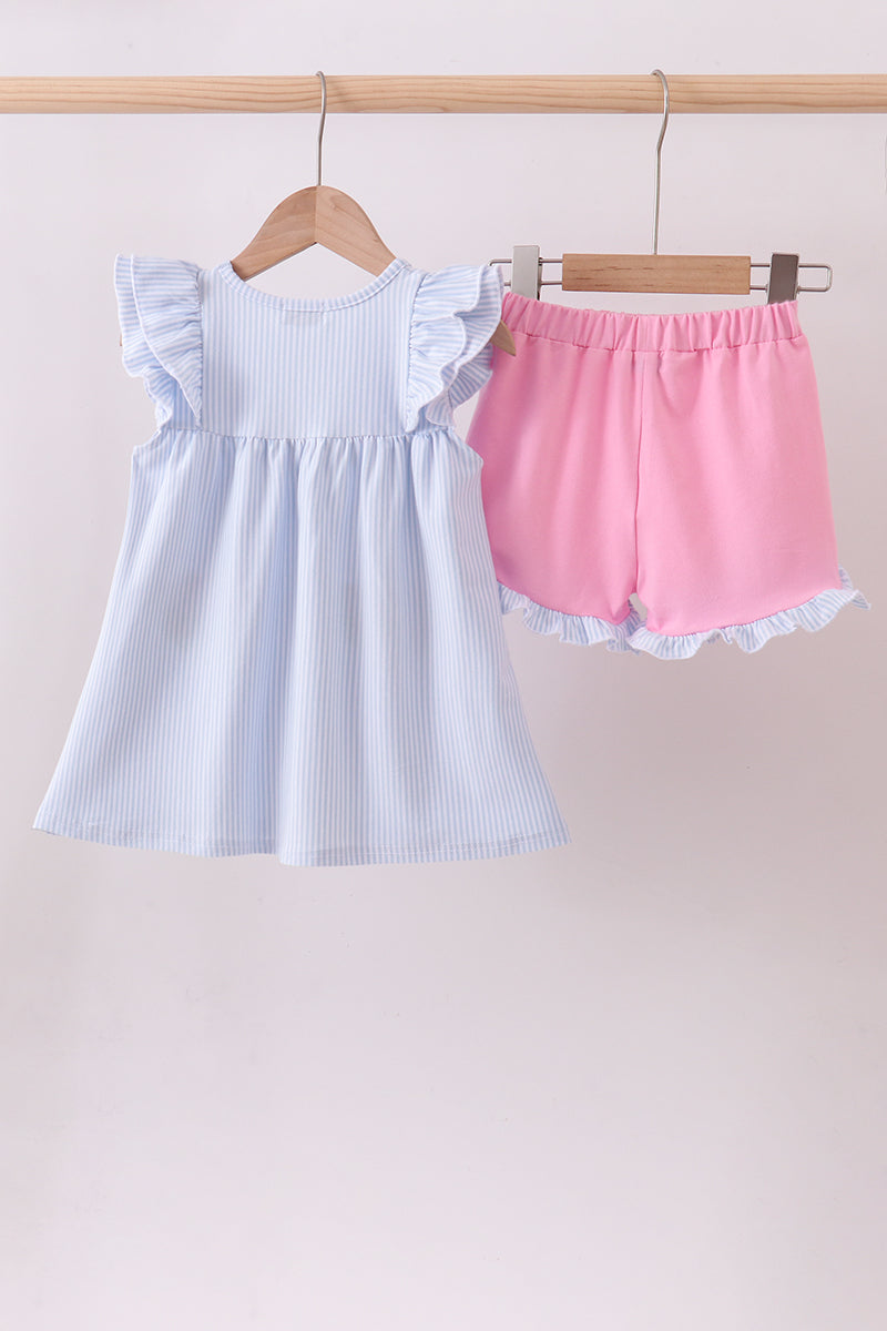 Blue watermelon stripe ruffle shorts set