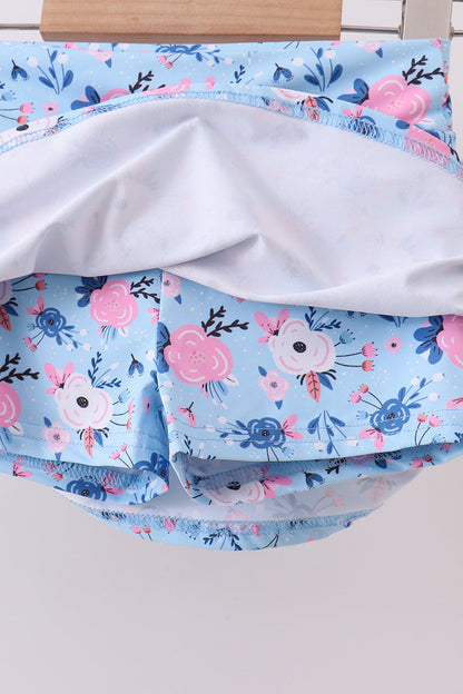 Blue floral active skorts set