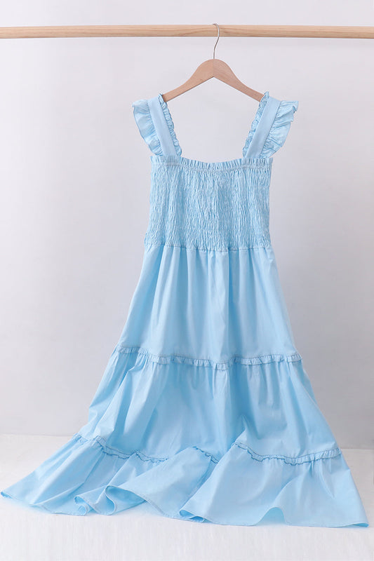 Blue smocked ruffle tiered dress