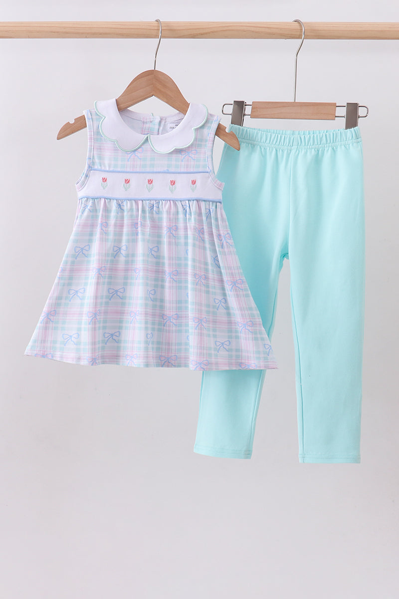 Blue plaid bow floral pants set - Cloudling Kids Clothing