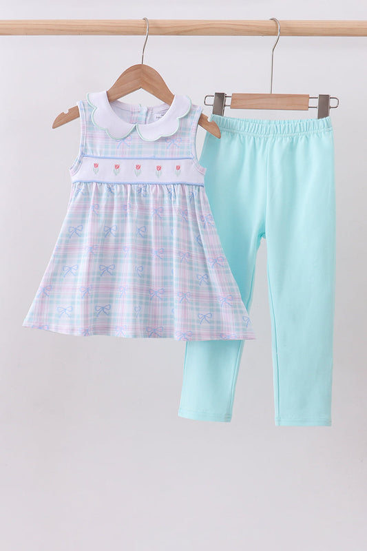 Blue plaid bow floral pants set - Cloudling Kids Clothing