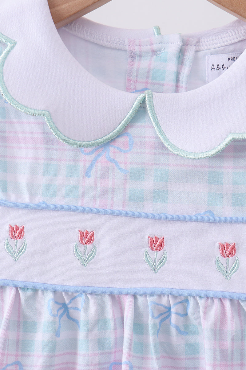 Blue plaid bow floral pants set - Cloudling Kids Clothing