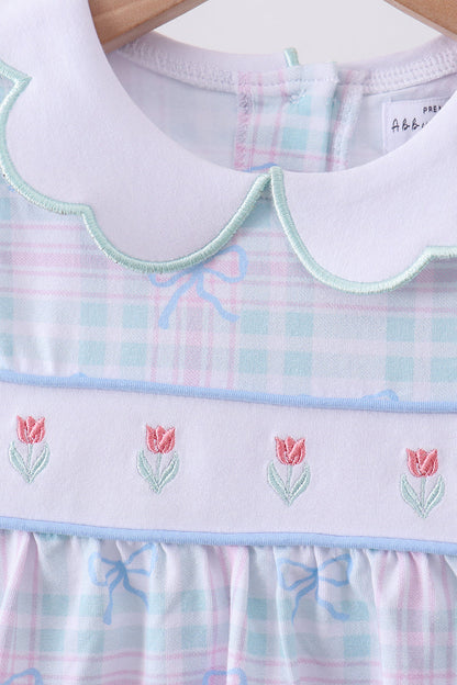 Blue plaid bow floral pants set - Cloudling Kids Clothing