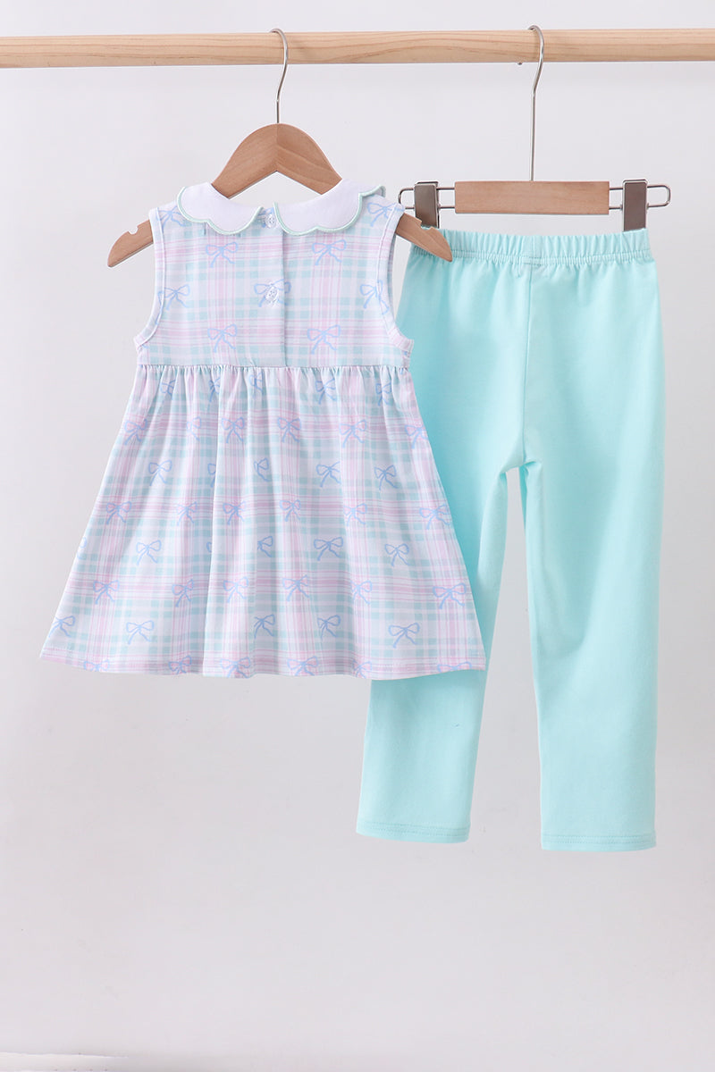 Blue plaid bow floral pants set - Cloudling Kids Clothing