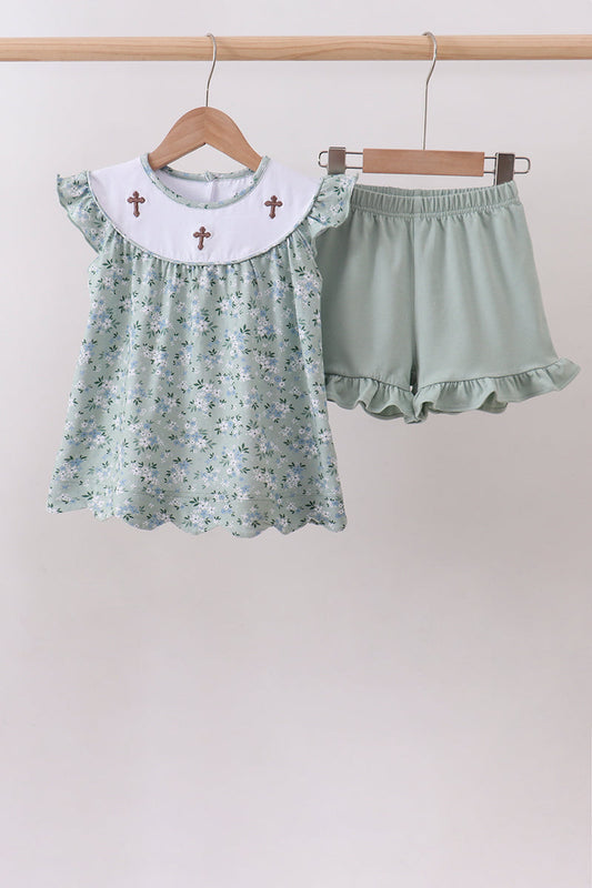 Sage floral cross embroidery ruffle shorts set