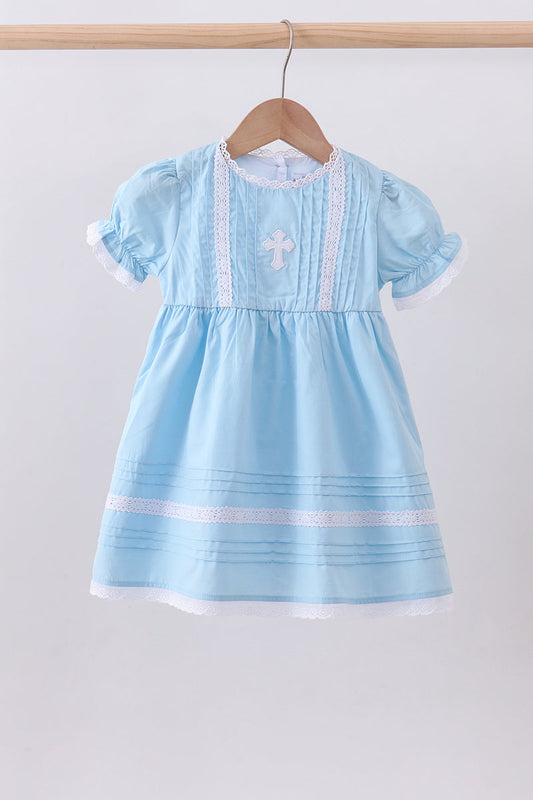 Blue cross embroidery lace dress