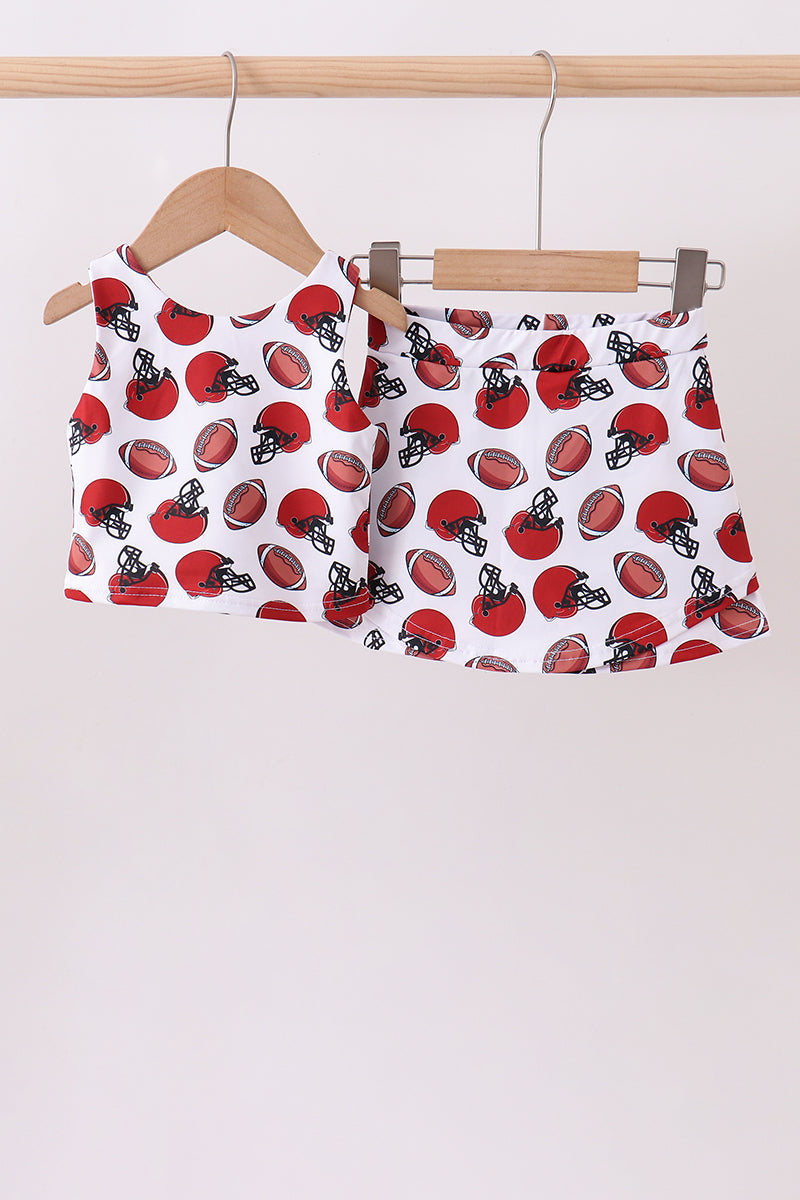 Red active football print skort set