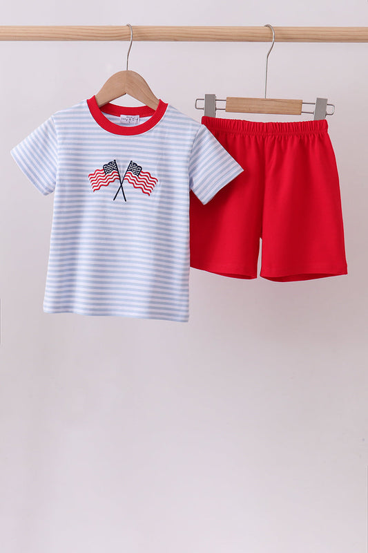 Red flag embroidery shorts set