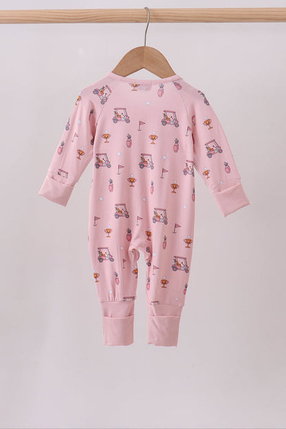 Pink golf cart print bamboo romper