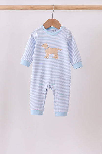 Blue stripe puppy embroidery romper