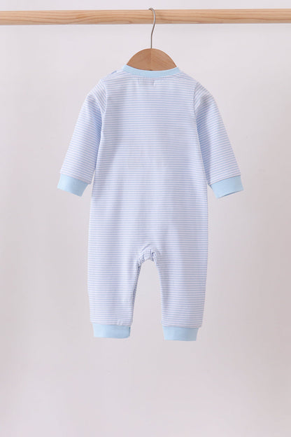 Blue stripe puppy embroidery romper