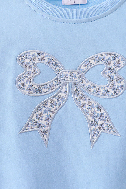 Blue Floral Bow Embroidery Top
