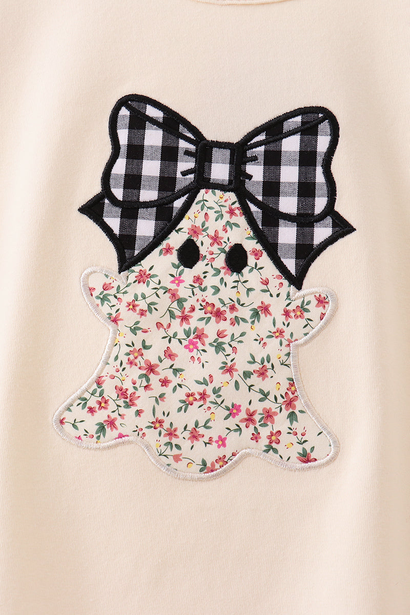 Beige ghost bow embroidery top