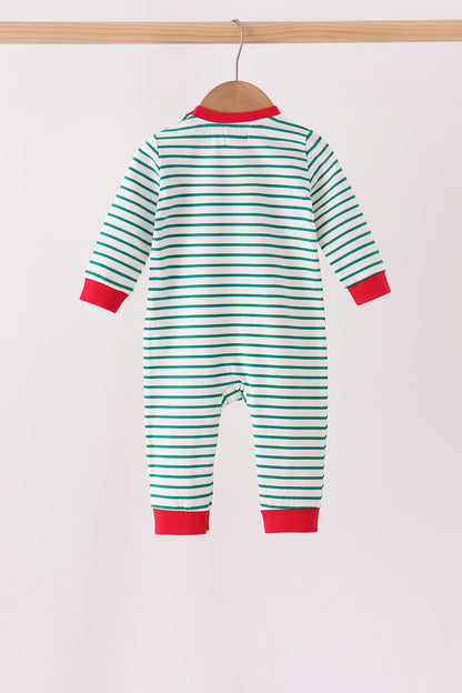 Green stripe gingerbread embroidery romper