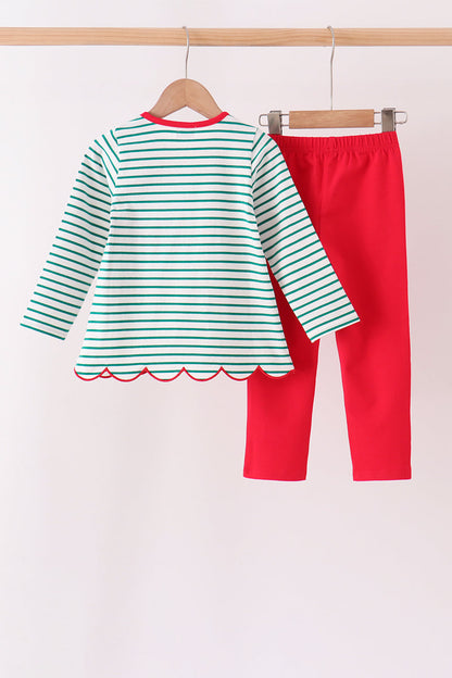 Green stripe gingerbread embroidery scalloped pants set