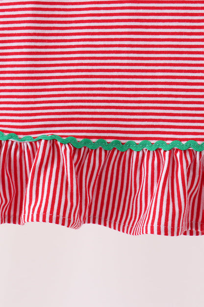 Red stripe christmas tree embroidery ruffle dress