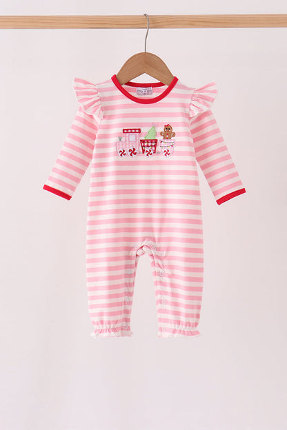 Pink gingerbread embroidery stripe ruffle romper
